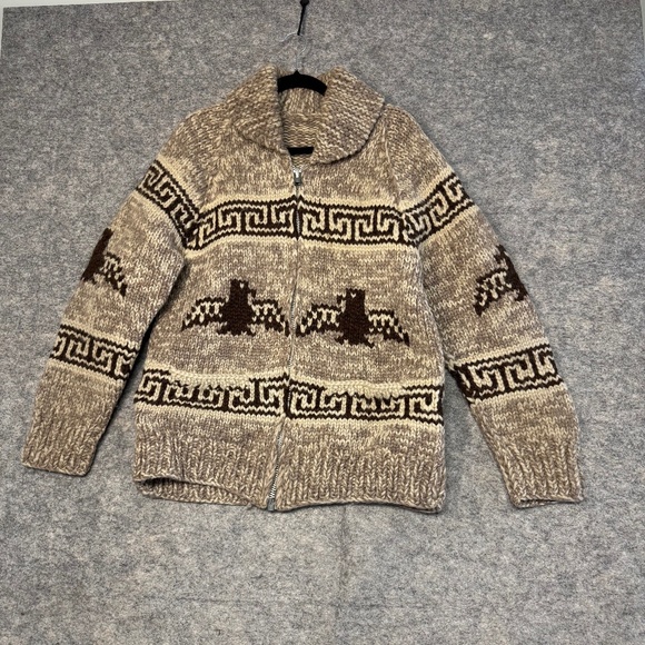 Vintage TUAK Cowichan Eagle Design Hand Knit 100% Wool Zip Cardigan Sweater - Picture 2 of 10